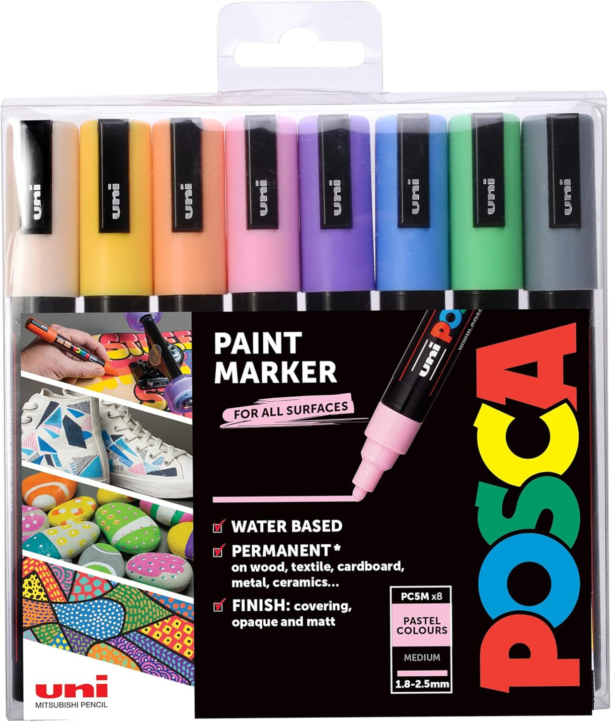 Posca PC-5M Paint Marker Pens 1.8-2.5mm Medium Line Pastel Colours (8pk)