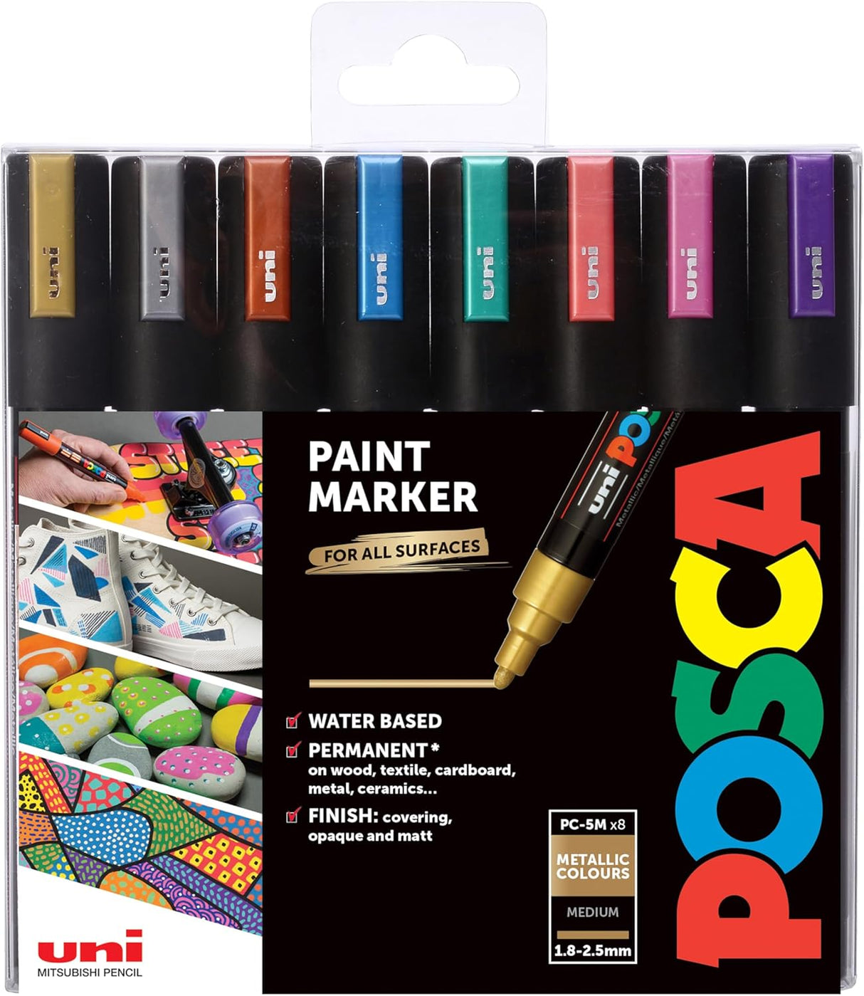 Posca PC-5M Paint Marker Pens 1.8-2.5mm Medium Line Metallic Colours (8pk)