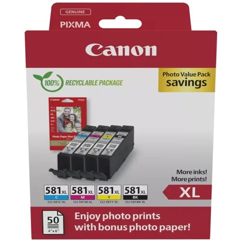 Canon CLI-581XL High Capacity Black & Colour Ink Cartridge 8.3ml + 10x15cm Photo Paper Plus Glossy (50sht)