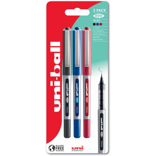 Uni-ball EYE Micro Rollerball Pen 0.5mm Black/Blue/Red (3pk)