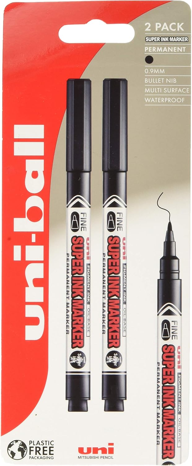 Uni-Ball Super Ink Permanent Marker Pen Bullet Tip 0.9mm Black (2pk)