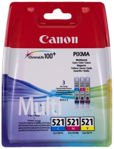 Canon CLI-521 Standard Capacity Cyan/Magenta/Yellow Ink Cartridge Value Pack 9ml