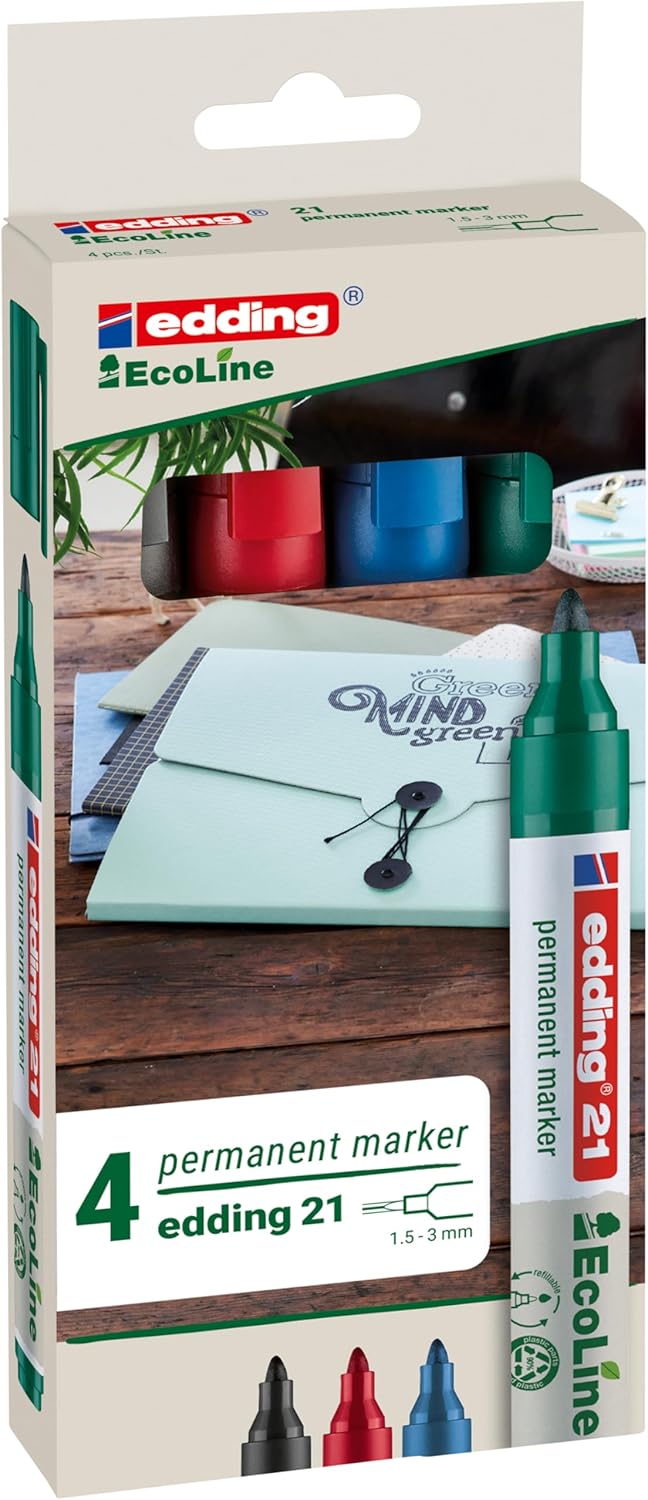Edding 21 EcoLine Permanent Marker Bullet Tip 1.5-3mm (Black/Red/Green/Blue) 4pk