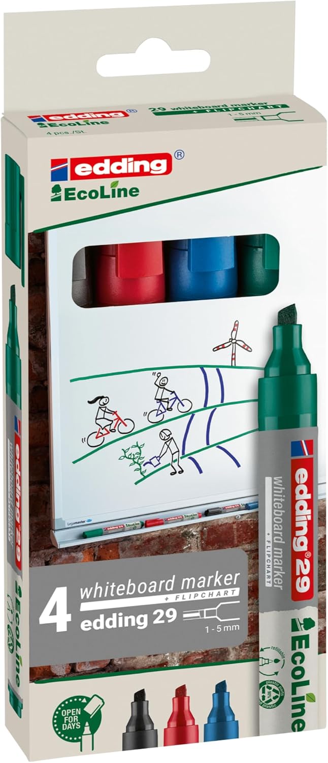 Edding 29 EcoLine Whiteboard Marker Chisel Tip 1-5mm (Black/Red/Green/Blue) 4pk