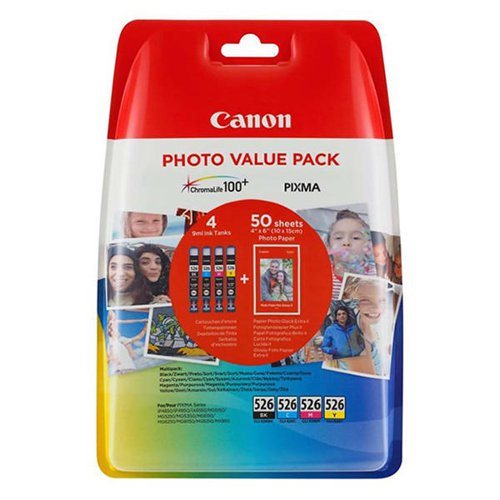 Canon CLI-526 Standard Capacity Black/Cyan/Magenta/Yellow Ink Cartridge Value Pack 9ml