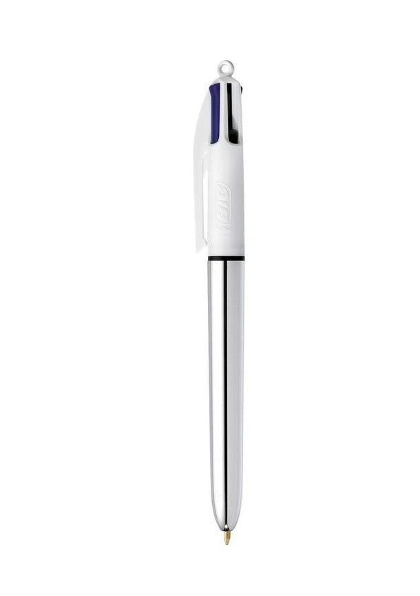 BIC 4 Colours Shine Ballpoint Pen 1.0mm Tip Silver Barrel Black/Blue/Green/Red Ink (12pk)