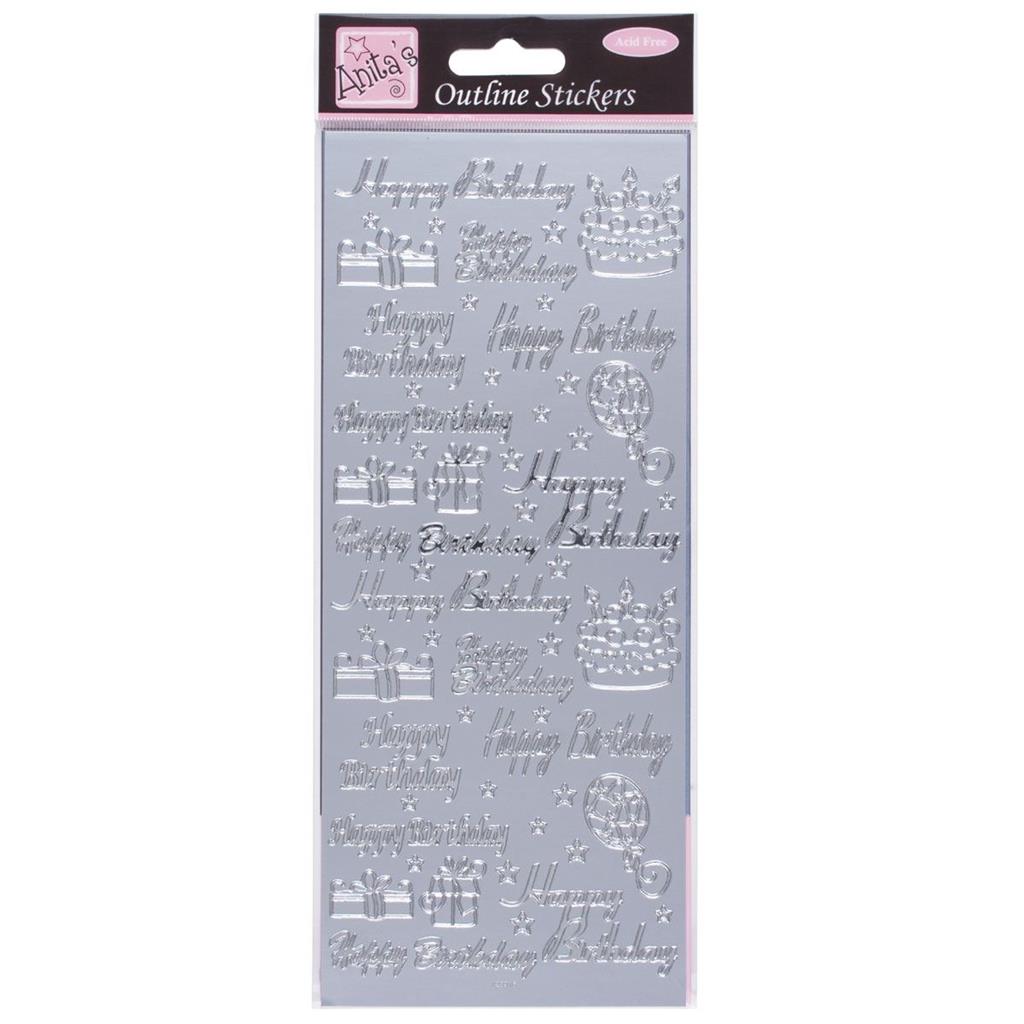 Anita's Outline Stickers - Happy Birthday Assorted Silver