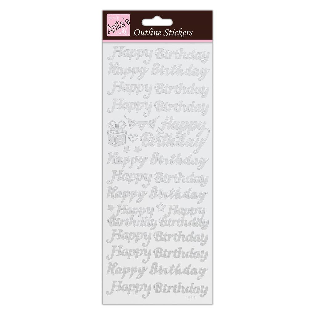 Anita's Outline Stickers - Happy Birthday Silver on White