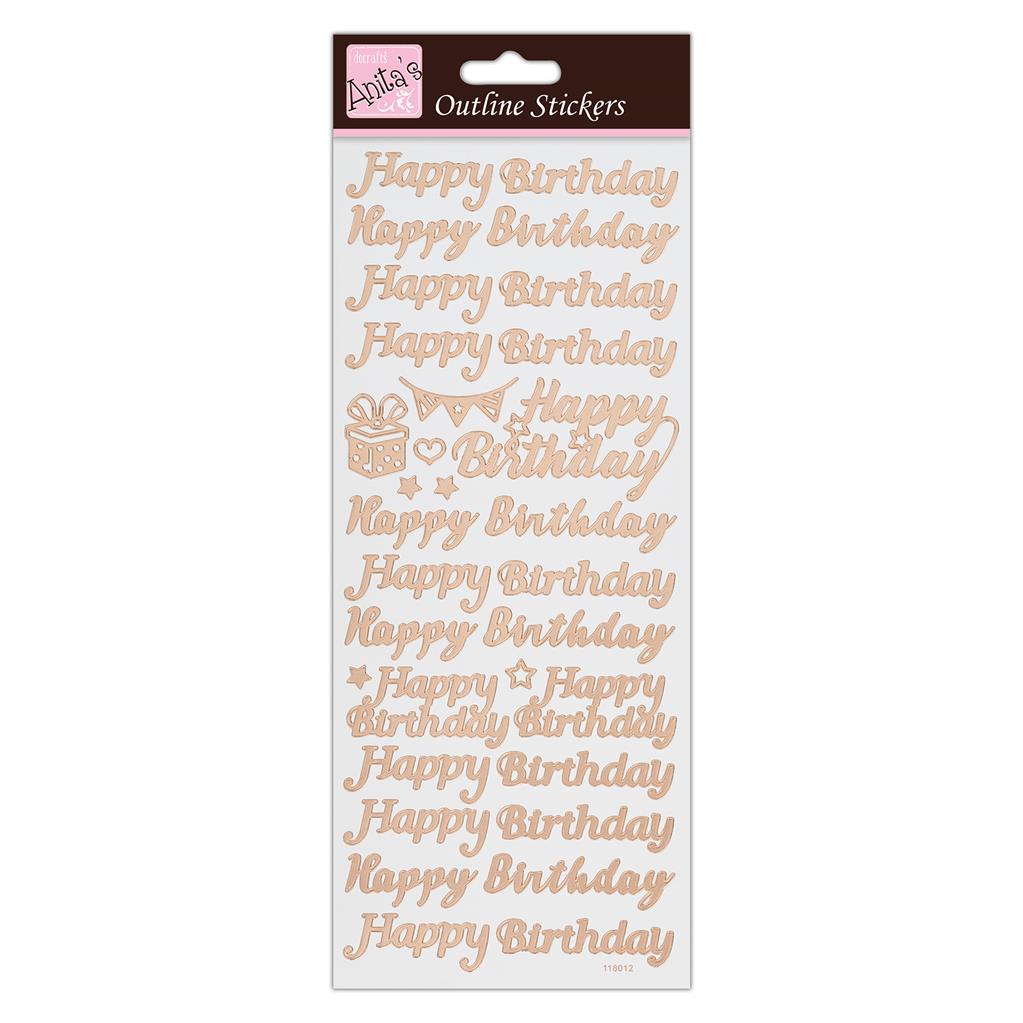 Anita's Outline Stickers - Happy Birthday Rose Gold on White