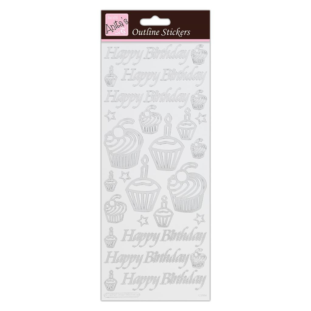 Anita's Outline Stickers - Birthday Cupcake Silver on White