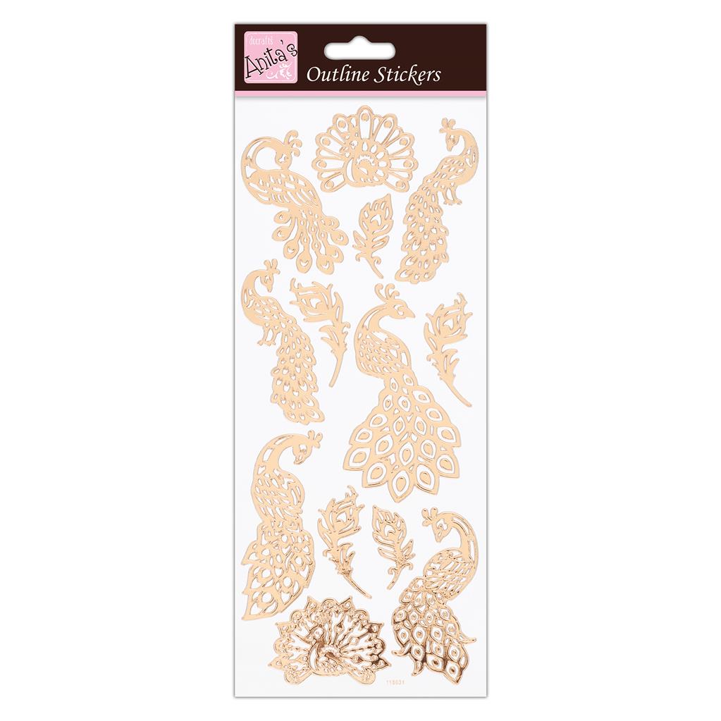 Anita's Outline Stickers - Peacocks Rose Gold on White