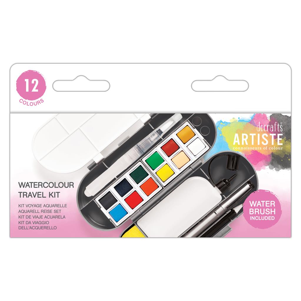 Artiste Watercolour Paint Travel Kit - 12 Colours & Accessories