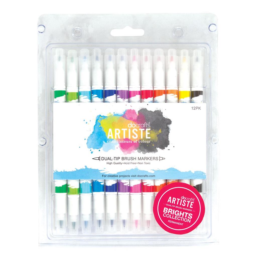 Artiste Dual Tip Permanent Brush Marker Pen Set - Bright Colours (12pk)