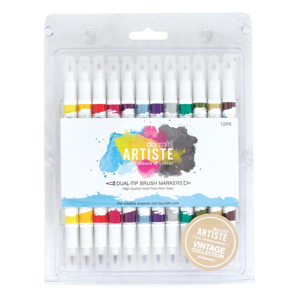 Artiste Dual Tip Permanent Brush Marker Pen Set - Vintage Colours (12pk)