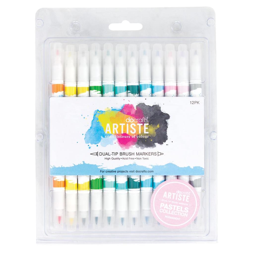 Artiste Dual Tip Permanent Brush Marker Pen Set - Pastel Colours (12pk)