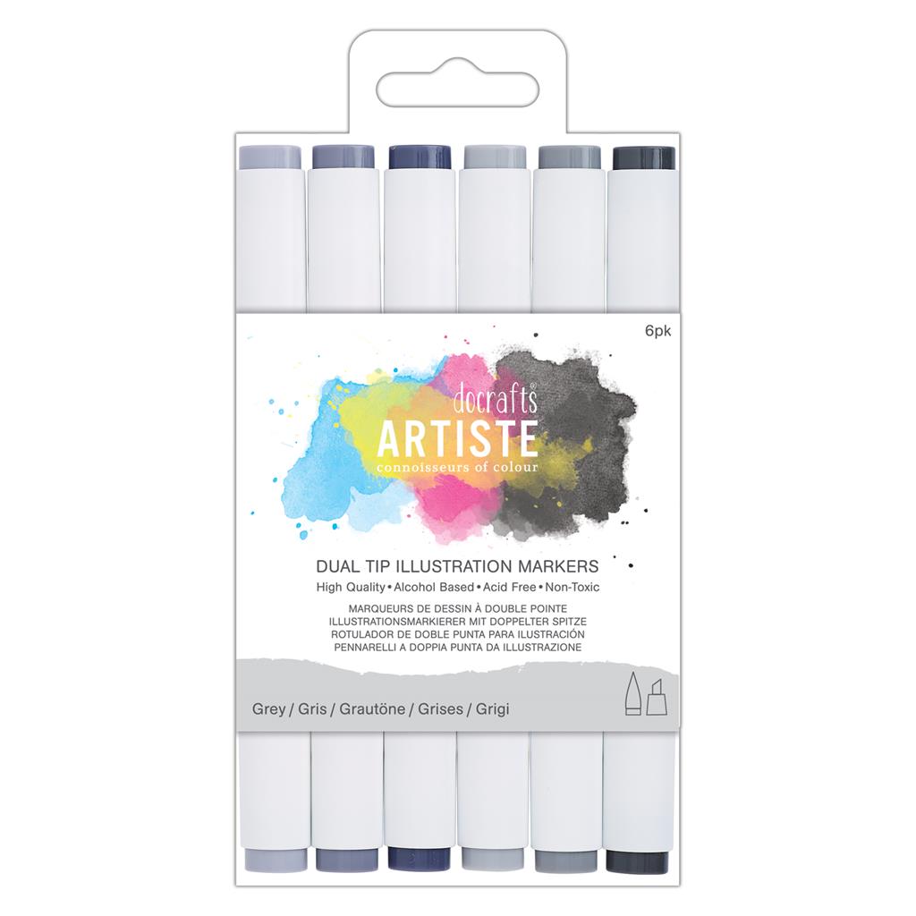 Artiste Dual Tip Illustration Marker Pen Set - Chisel/Brush - Greys (6pk)