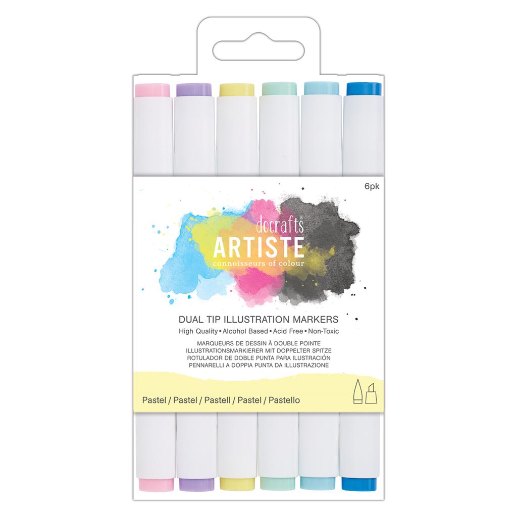 Artiste Dual Tip Illustration Marker Pen Set - Chisel/Brush - Pastel (6pk)