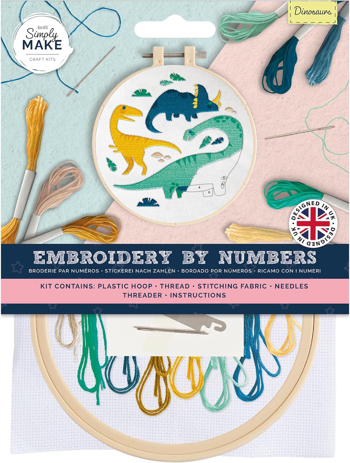 Simply Make 5" Embroidery By Numbers Kit - Dinosaurs