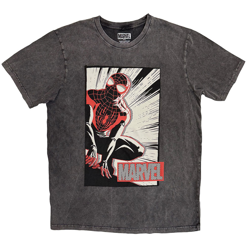 Marvel Comics Unisex Stone Wash T-Shirt Spider-Man Crouch Cartoon Grey (L)