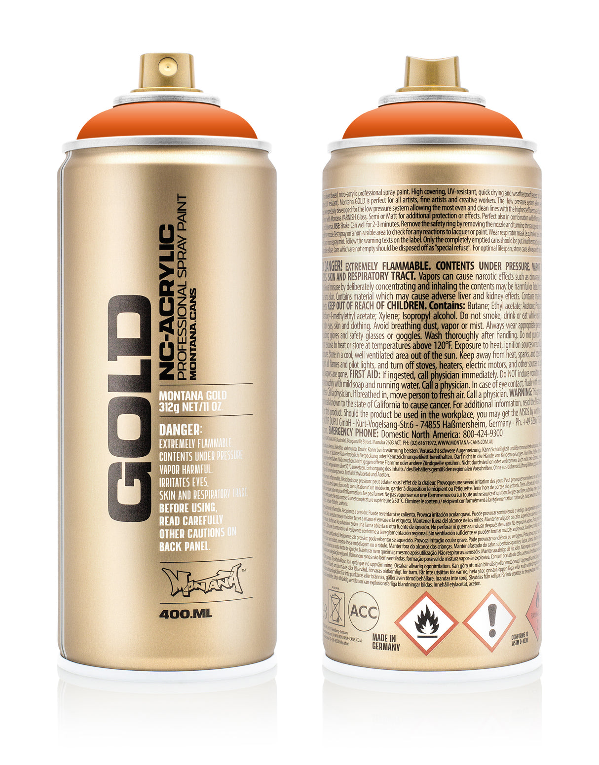 Montana GOLD 400ml Nitro Acrylic Spray Paint Shock Orange (S2010)