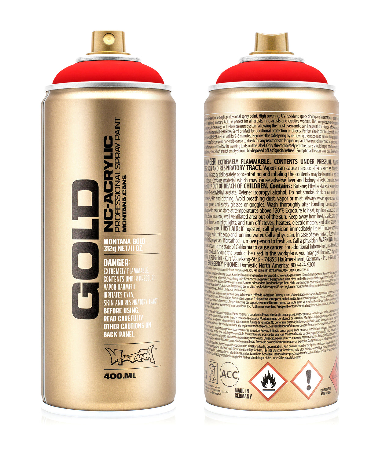 Montana GOLD 400ml Nitro Acrylic Spray Paint Fluorescent Fire Red (F3000)