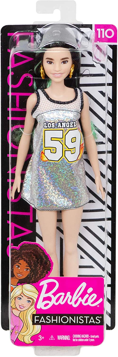 Mattel Barbie Fashionistas Doll 110 Silver Jersey Tall Brunette Hair with Green Streaks