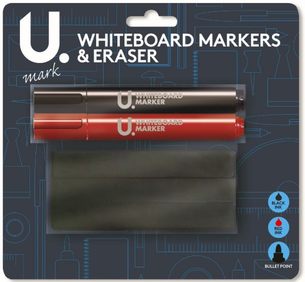 U.Mark Black & Red Whiteboard Marker Pens with Eraser