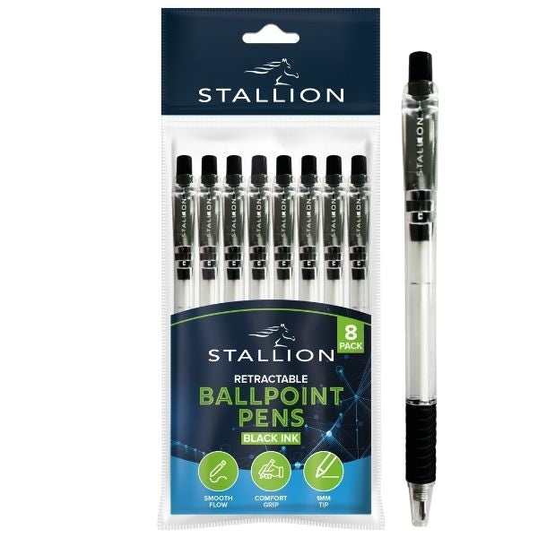 Stallion Retractable Ballpoint Pens Black (8pk)