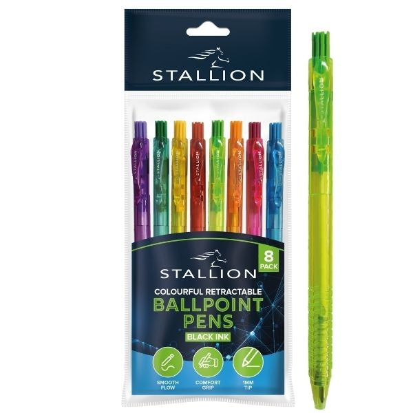 Stallion Colourful Retractable Ballpoint Pens Black (8pk)