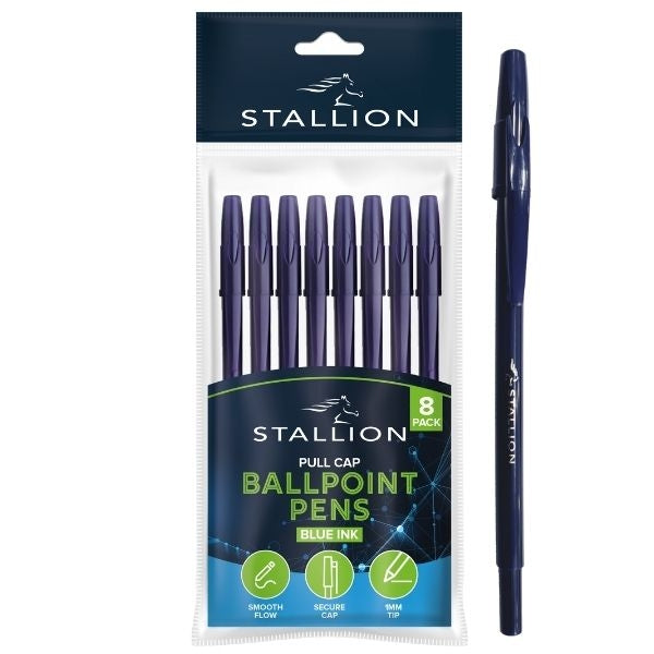 Stallion Pull Cap Ballpoint Pens Blue (8pk)