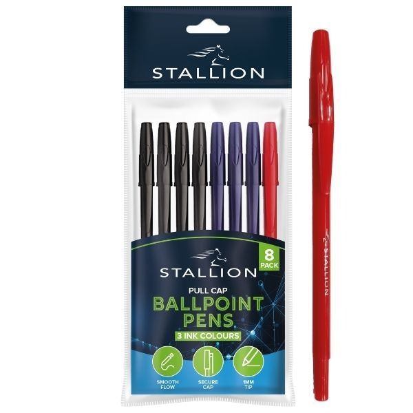 Stallion Pull Cap Ballpoint Pens Black/Blue/Red (8pk)