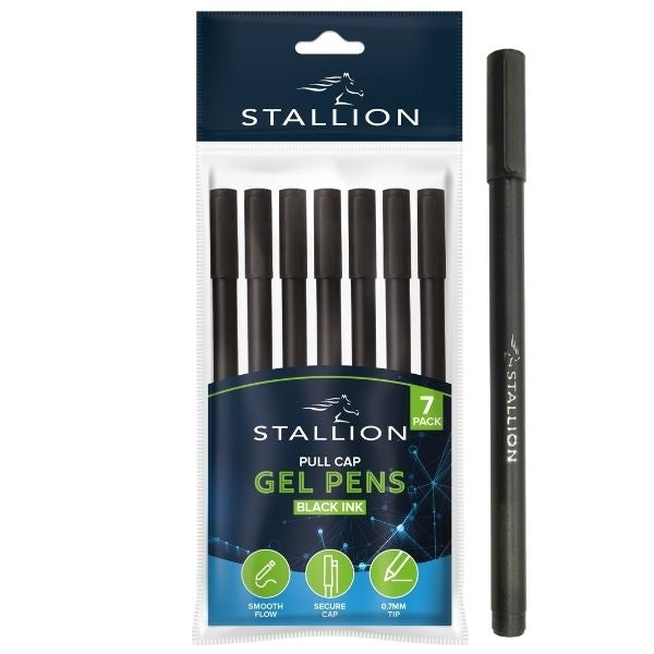 Stallion Pull Cap Gel Ink Pens Black (7pk)