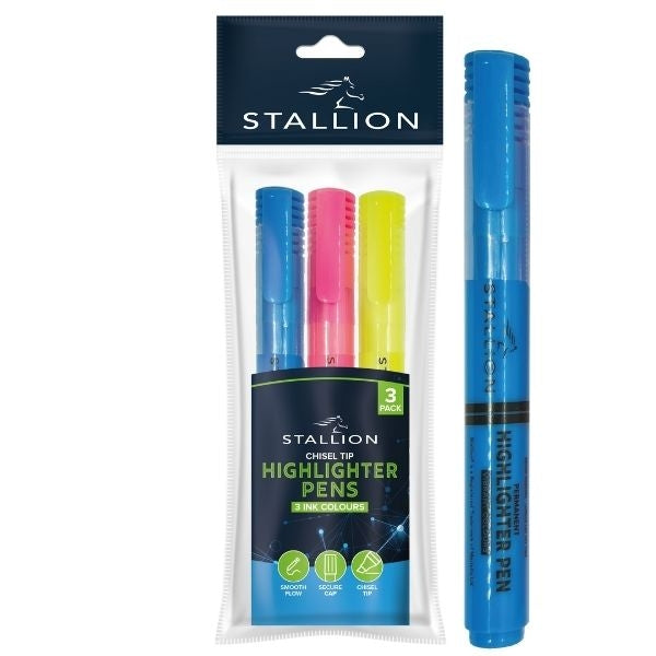 Stallion Highlighter Pens Yellow/Blue/Pink (3pk)