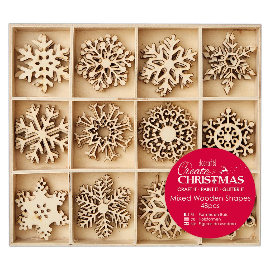 Create Christmas Large Mixed Wooden Shapes - Snowflakes (48pk)