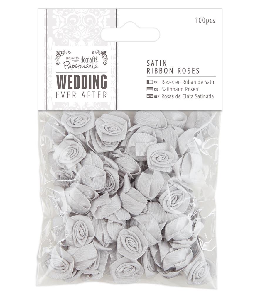 Papermania Wedding Every After Satin Ribbon Roses Silver (100pcs)