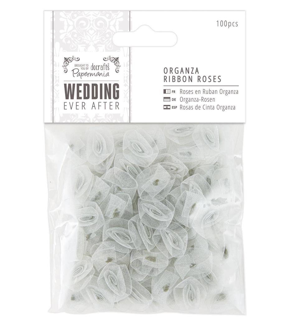 Papermania Wedding Every After Organza Ribbon Roses Silver (100pcs)