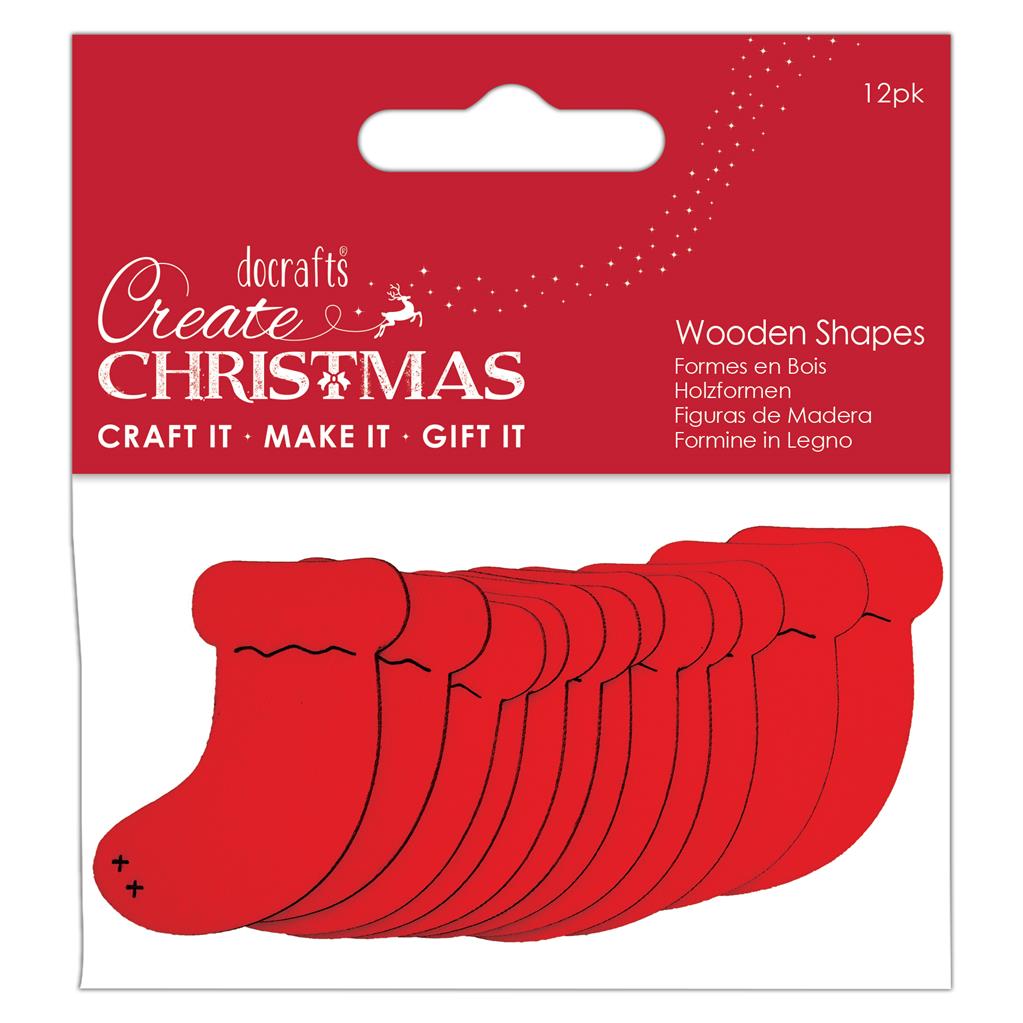 Create Christmas Wooden Shapes - Stockings Red (12pk)