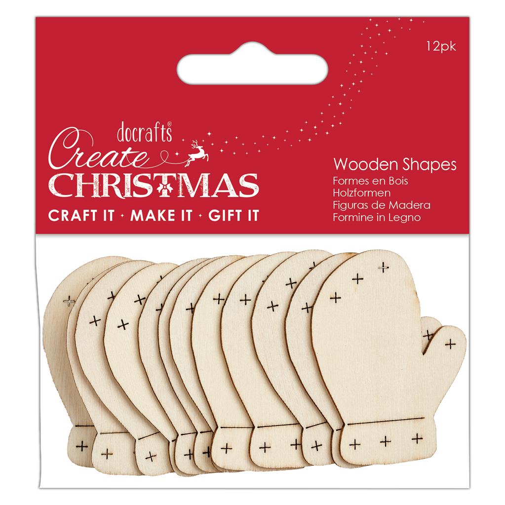 Create Christmas Wooden Shapes - Mittens Natural (12pk)