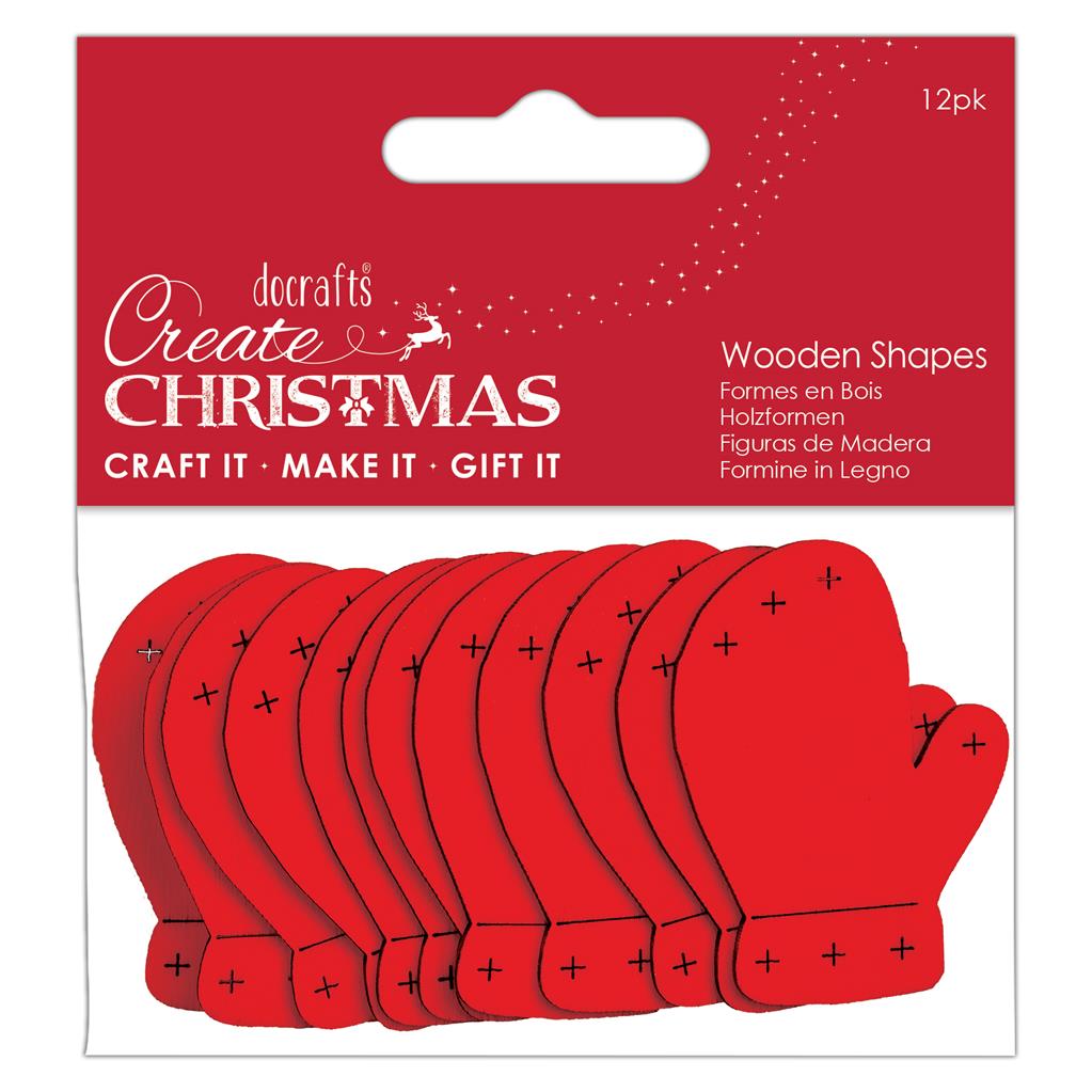 Create Christmas Wooden Shapes - Mittens Red (12pk)