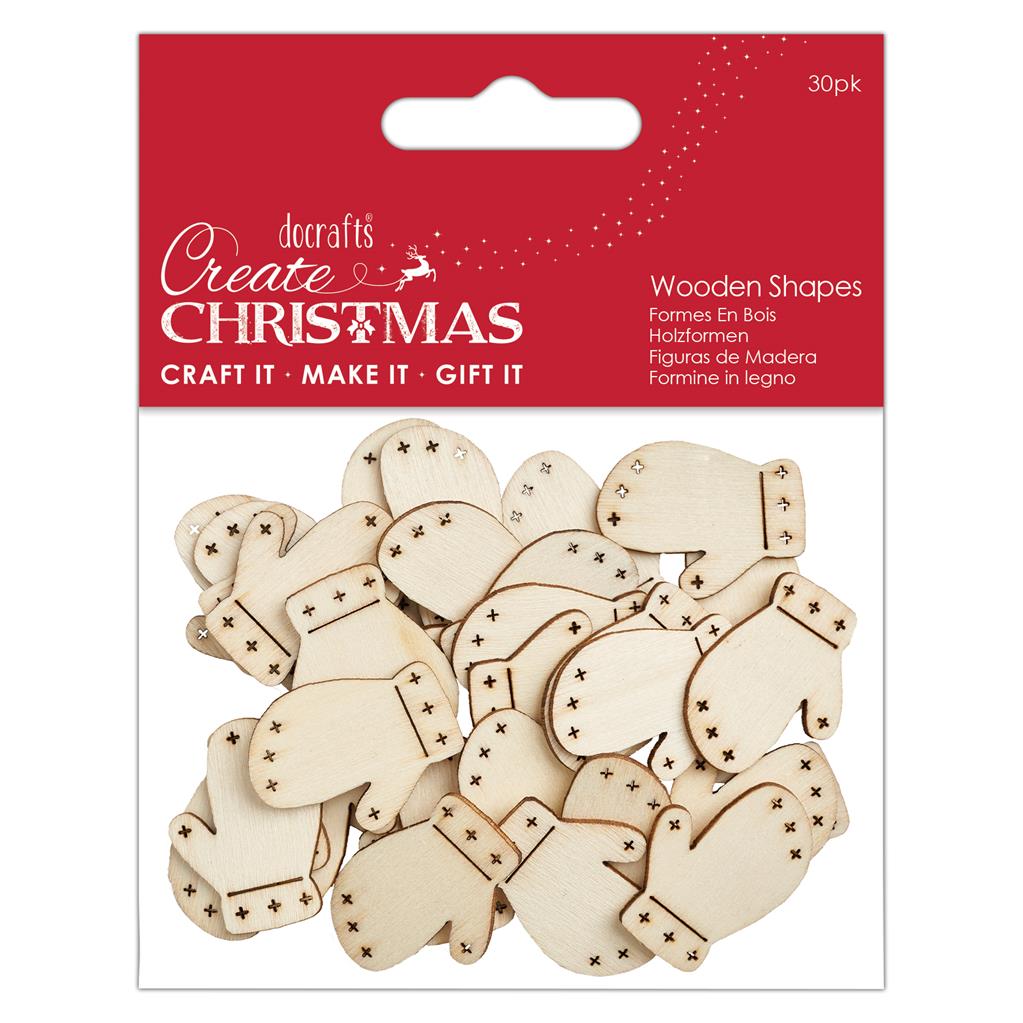 Create Christmas Wooden Shapes - Mini Mittens Natural (30pk)