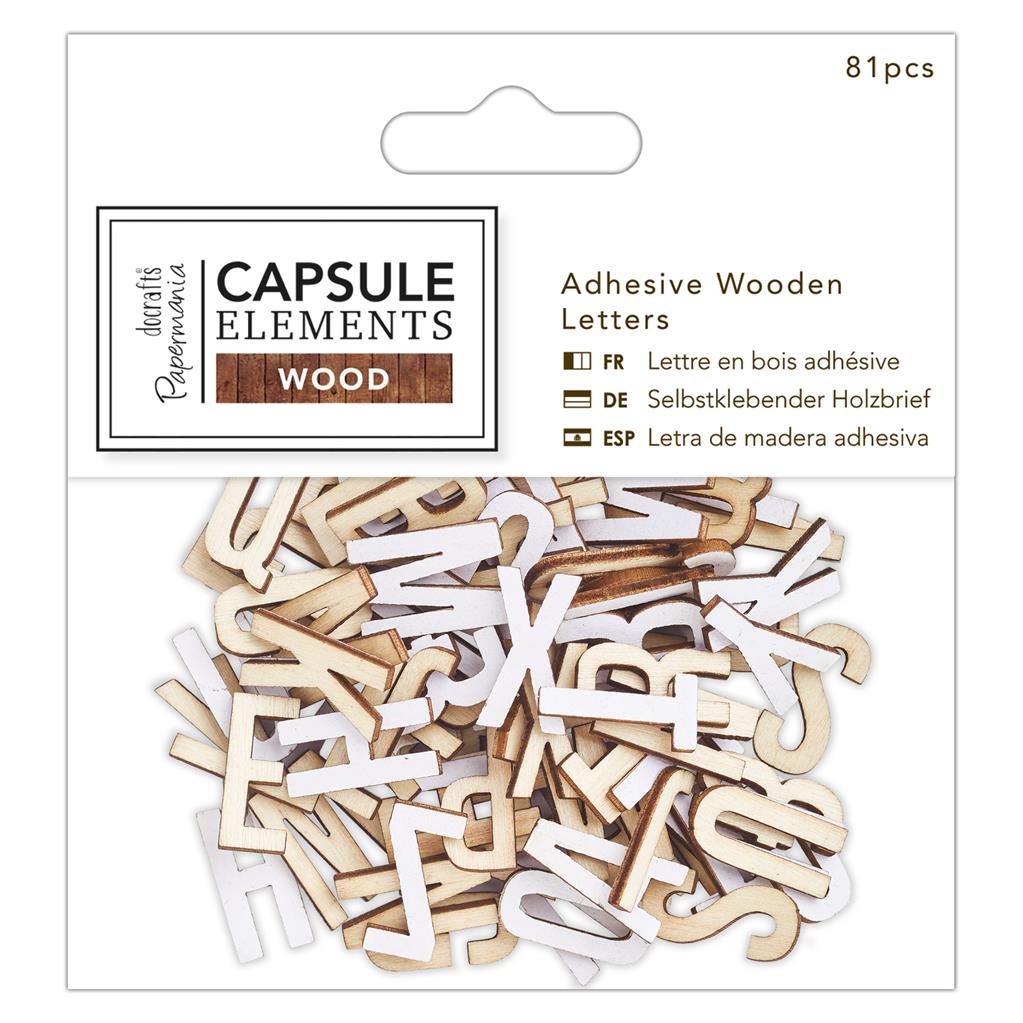 Papermania Adhesive Wooden Letters - Capsule Elements Wood (81pk)