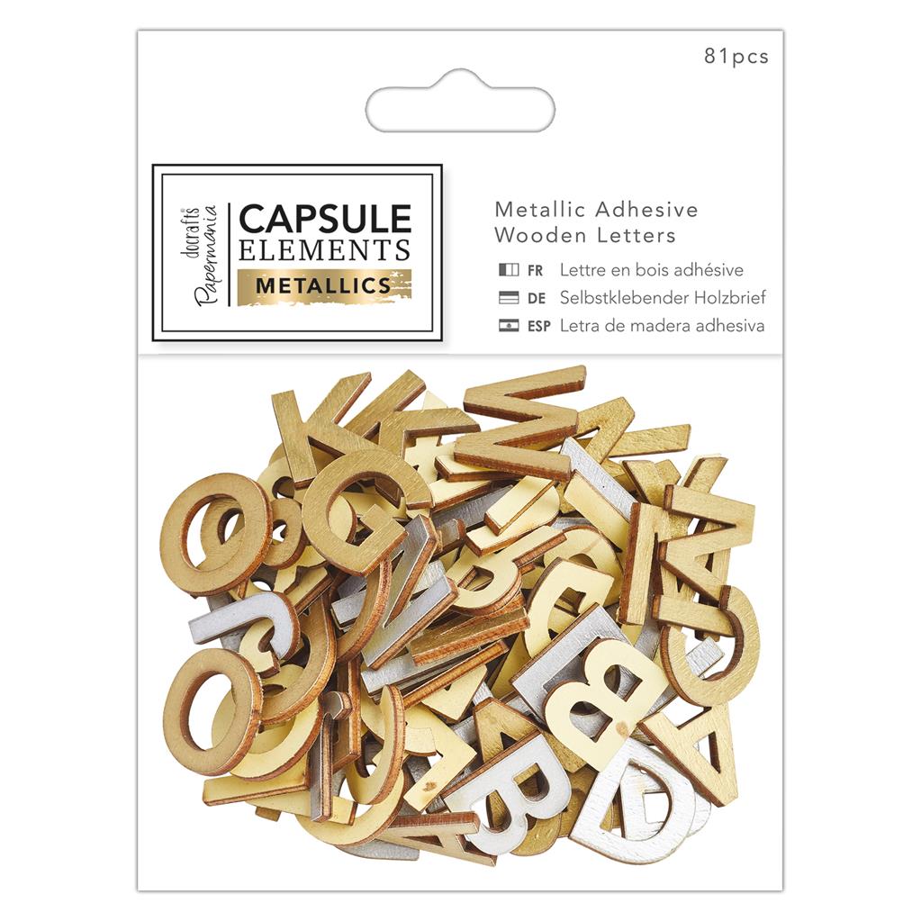 Papermania Metallic Adhesive Wooden Letters - Capsule Elements Metallics (81pk)