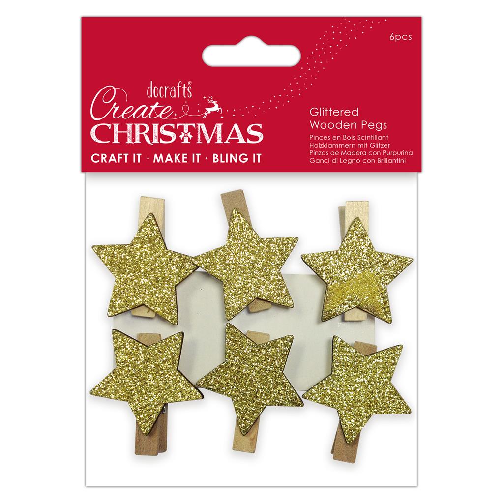 Create Christmas Glittered Wooden Pegs - Gold Stars (6pk)