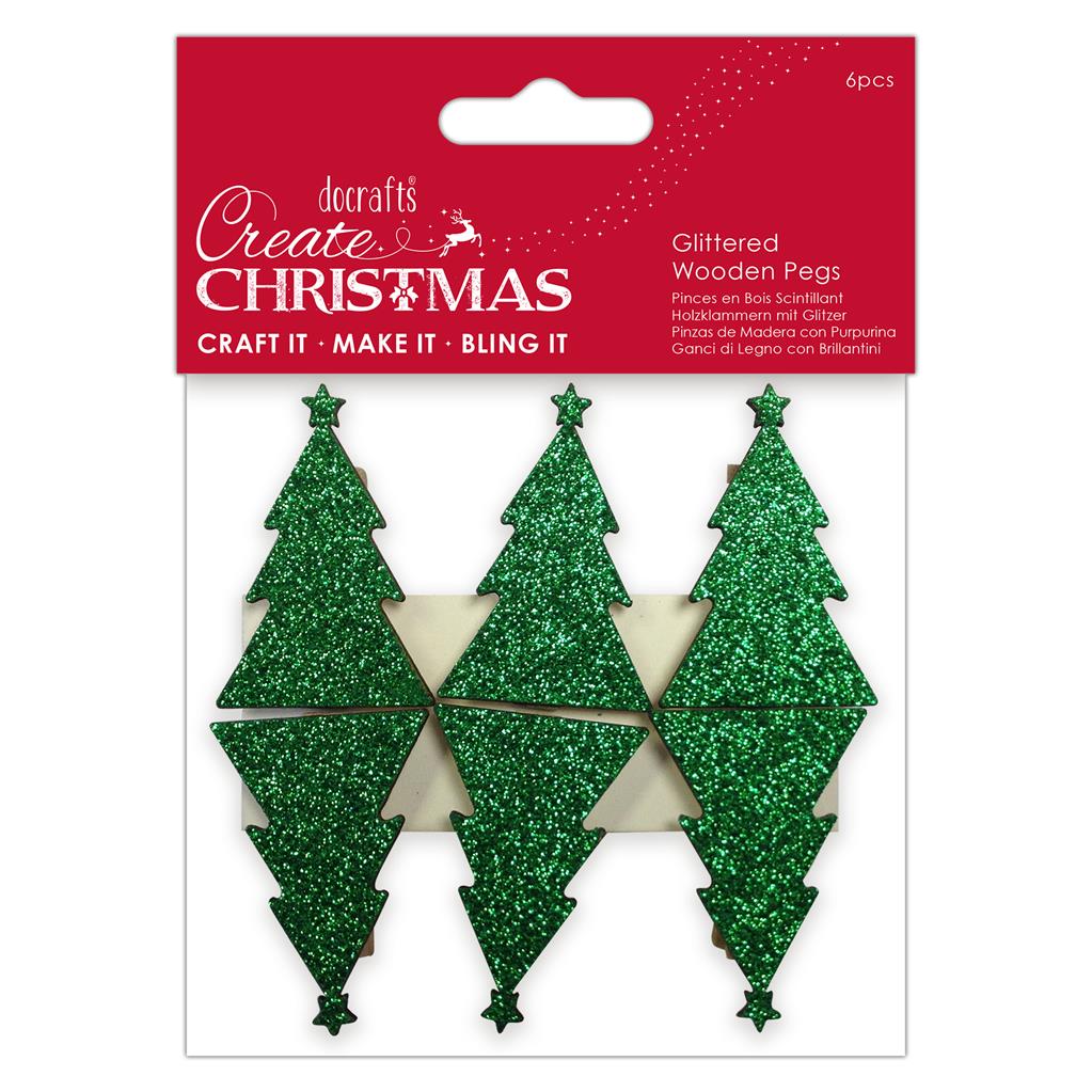 Create Christmas Glittered Wooden Pegs - Green Tree (6pk)