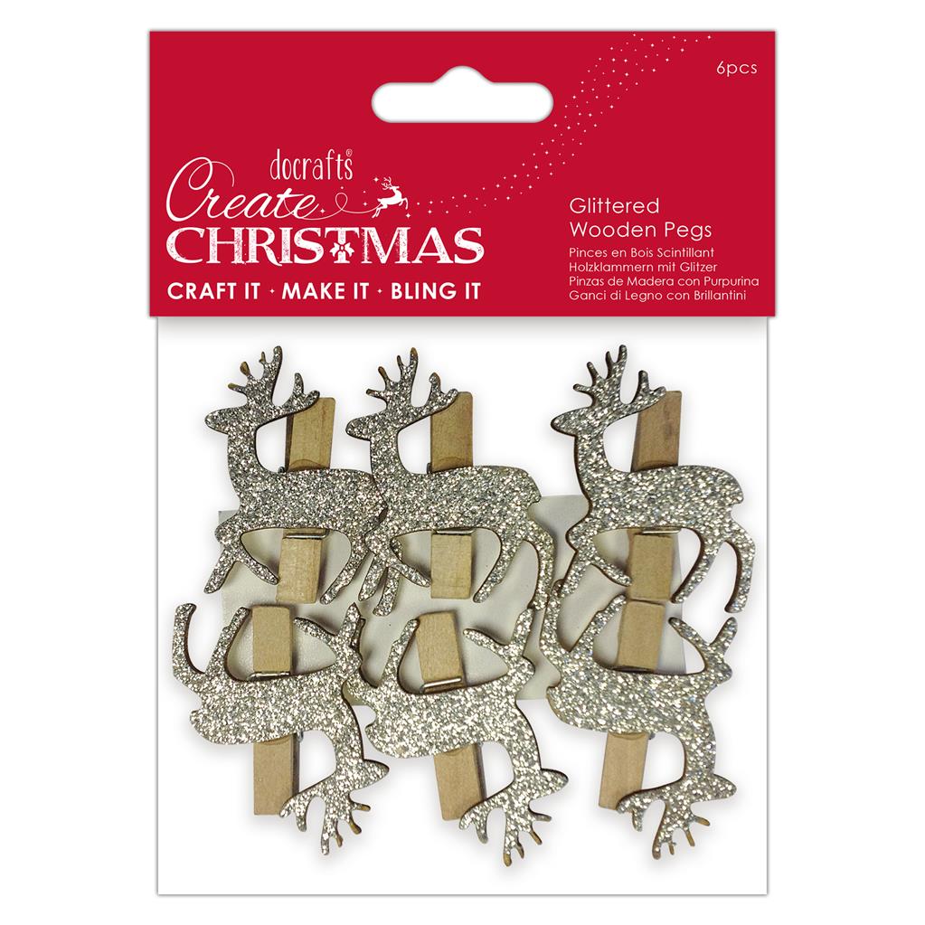 Create Christmas Glittered Wooden Pegs - Stag (6pk)