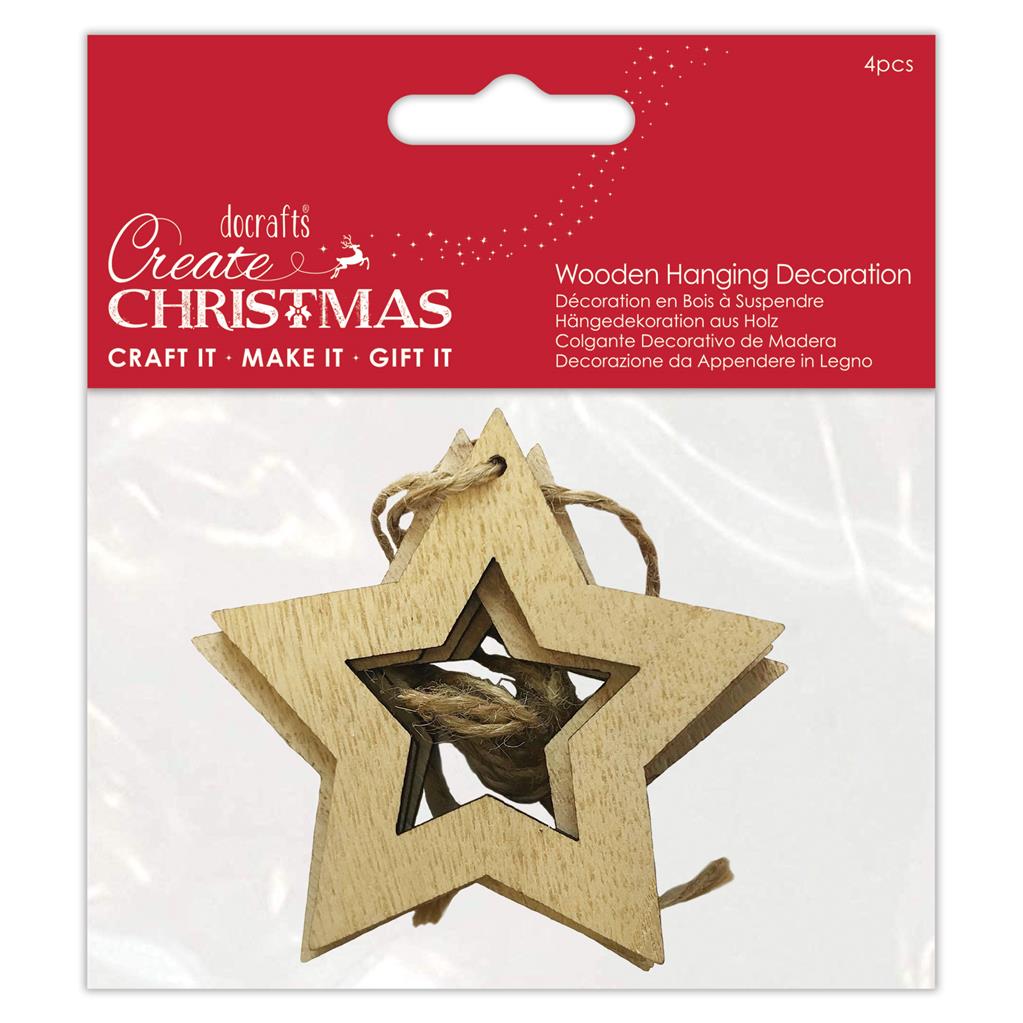 Create Christmas Wooden Hanging Decoration - Cutout Star (4pk)