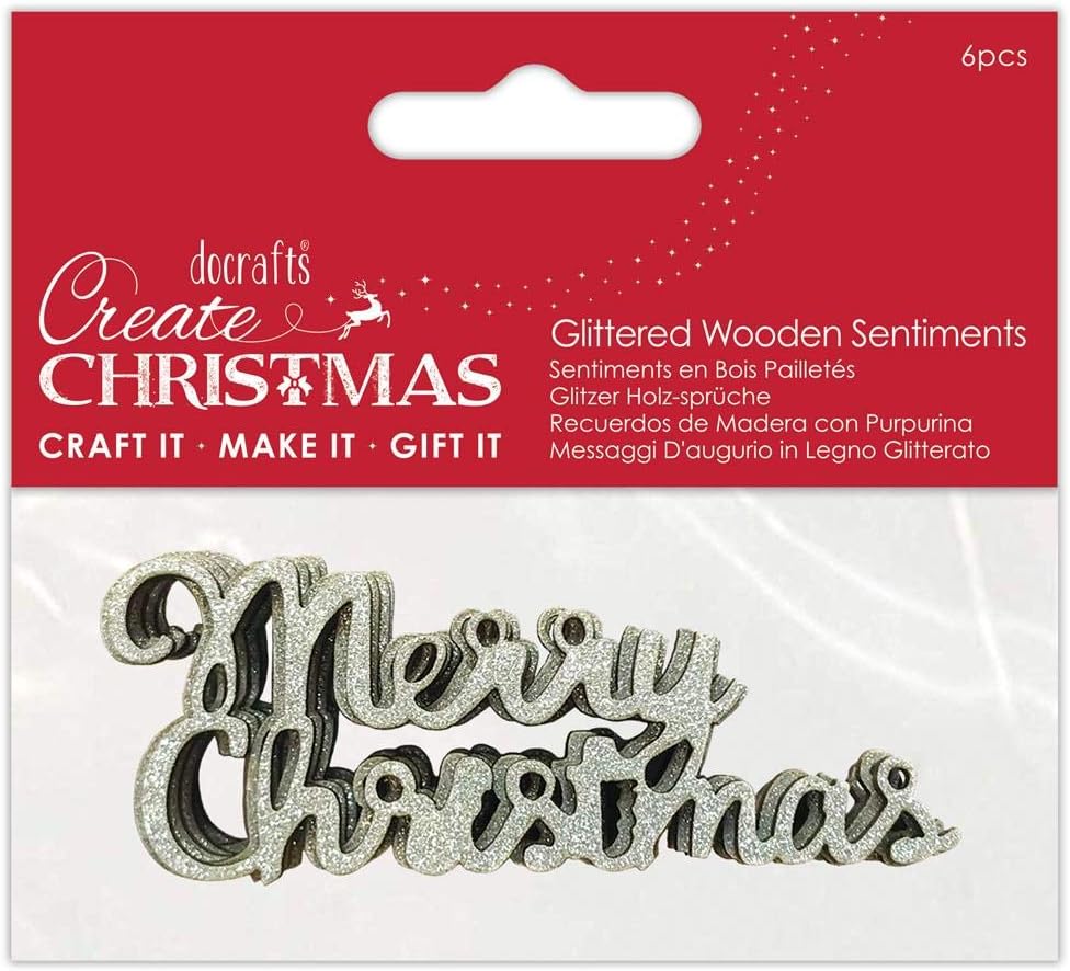 Create Christmas Glittered Wooden Sentiments - Silver (6pk)