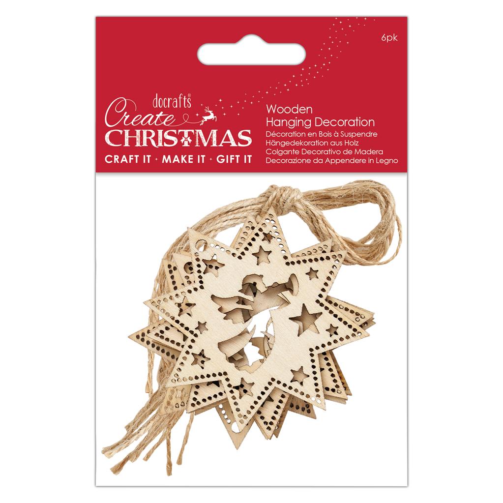 Create Christmas Wooden Hanging Decoration - Angel (6pk)