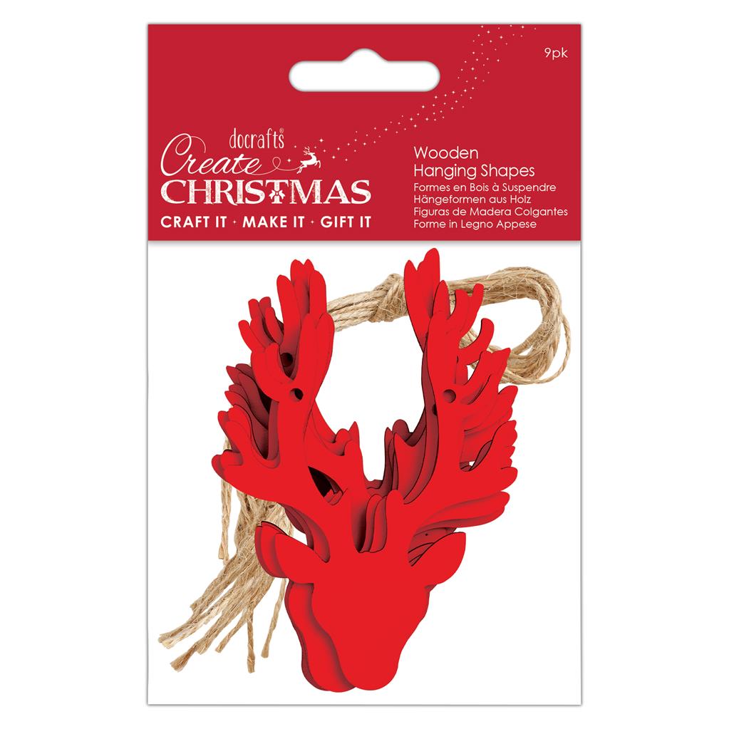 Create Christmas Wooden Hanging Stag Heads Red (9pk)