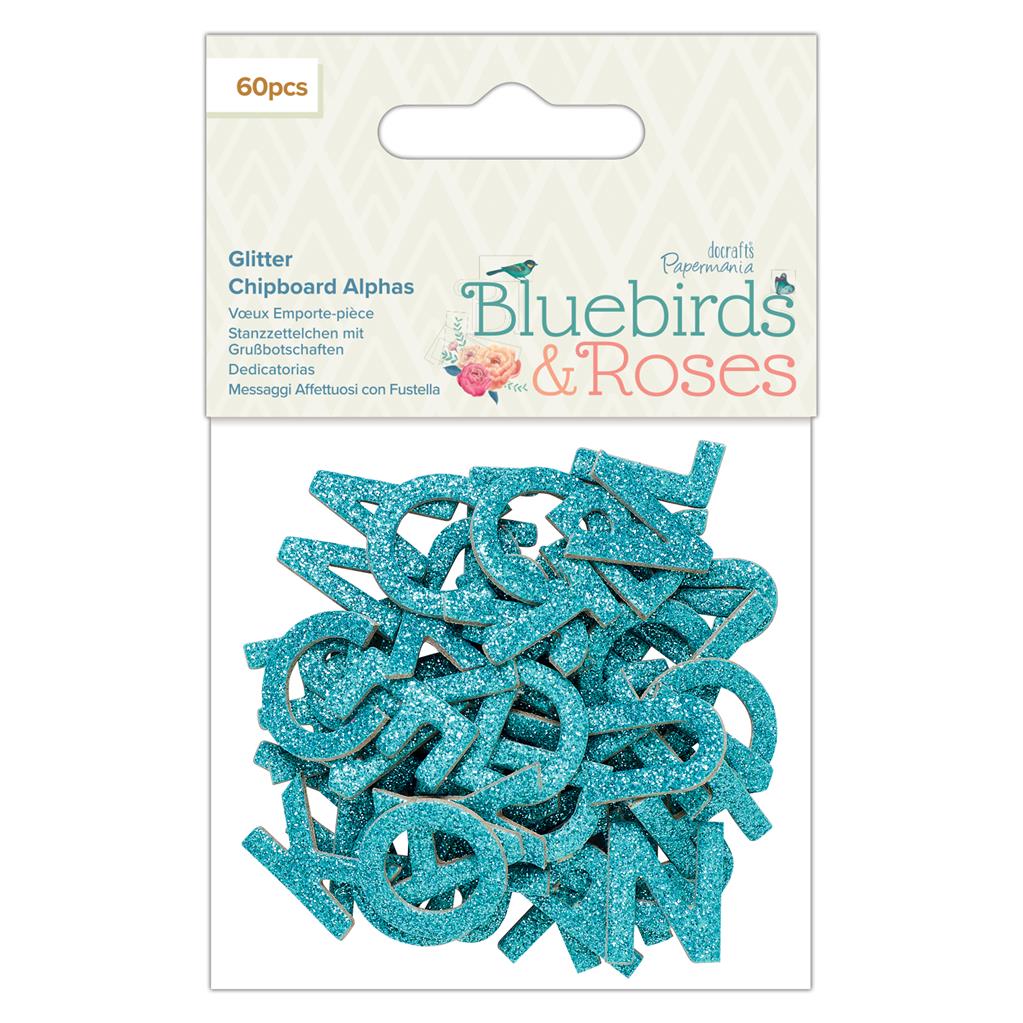 Papermania Bluebirds & Roses Glitter Chipboard Alphas (60pk)